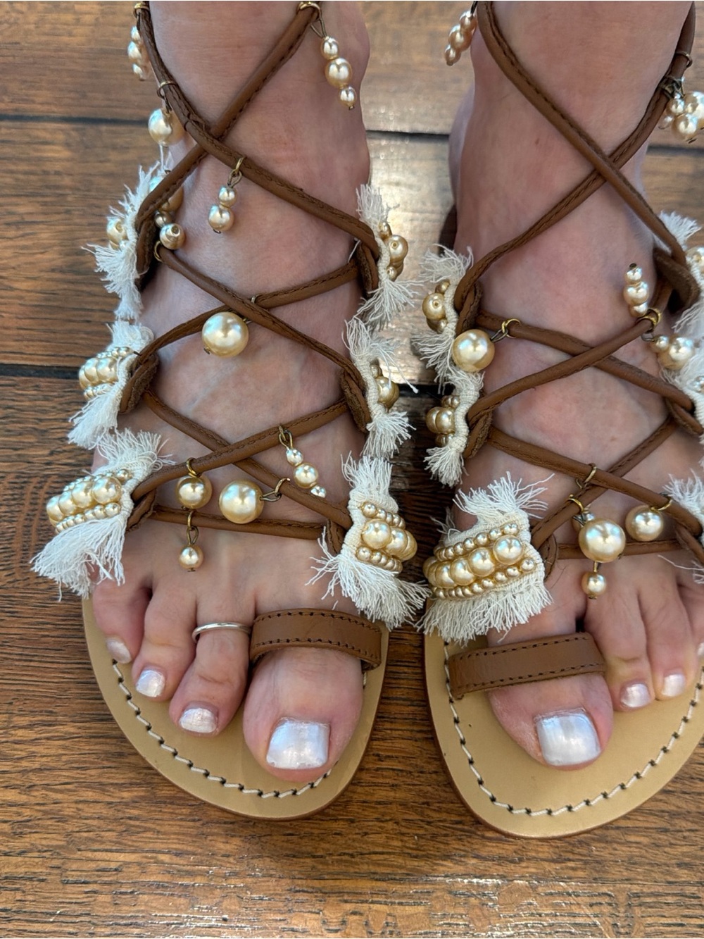 Mystique Boutique Brown Pearl-Embellished Lace-Up Gladiator Sandals